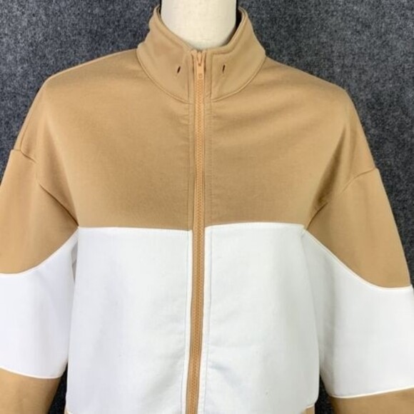 Shein Zip Front Sweatshirt Women XS Tan White Long Sleeve Pockets - Picture 2 of 11
